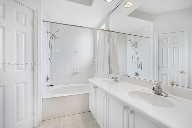 bathroom with tile patterned flooring, vanity, and shower / bath combination with curtain