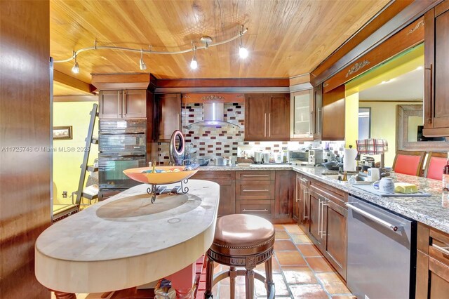 kitchen with black double oven, light stone counters, tasteful backsplash, wooden ceiling, and stainless steel dishwasher