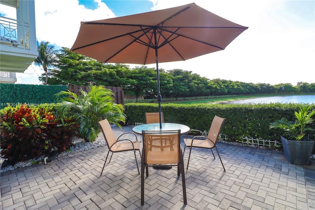 view of patio / terrace with a water view