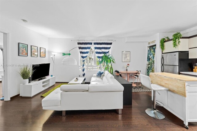 living room with sink and dark wood-type flooring