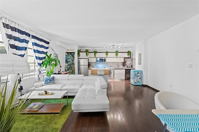 living room with dark wood-type flooring