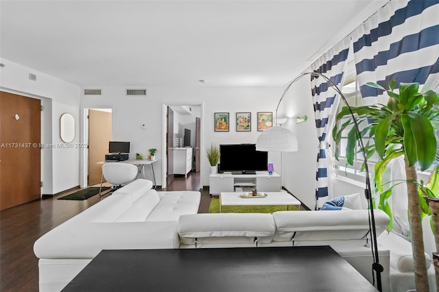 living room with dark hardwood / wood-style floors