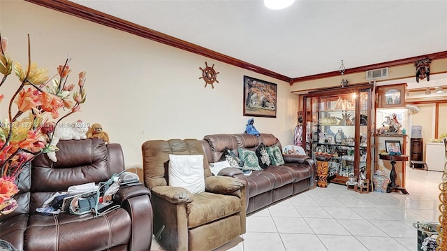 living room with ornamental molding and light tile patterned flooring