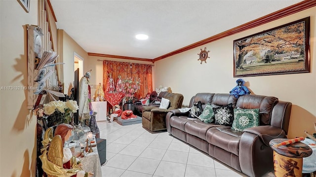 tiled living room featuring crown molding