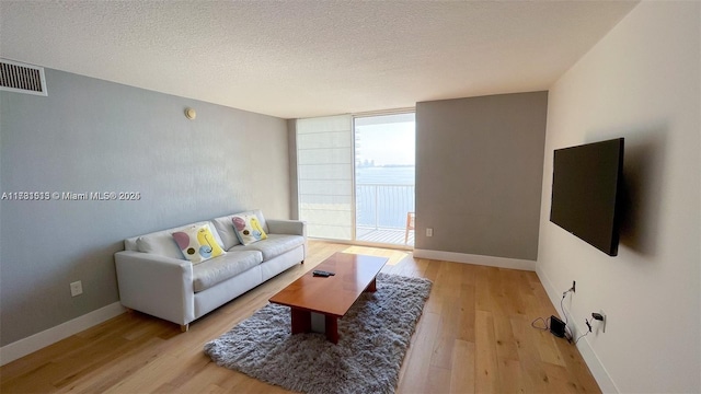 living room with expansive windows, light hardwood / wood-style flooring, and a textured ceiling