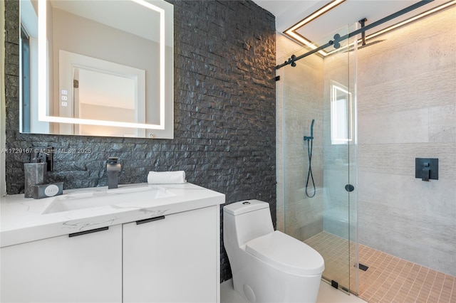 bathroom with a shower with door, vanity, decorative backsplash, and toilet