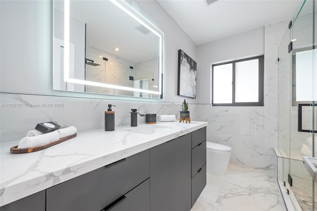 bathroom with vanity, an enclosed shower, tile walls, and toilet