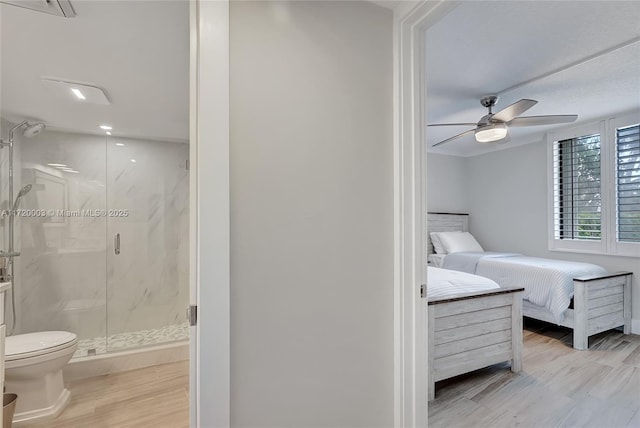 bedroom featuring light hardwood / wood-style floors and ceiling fan