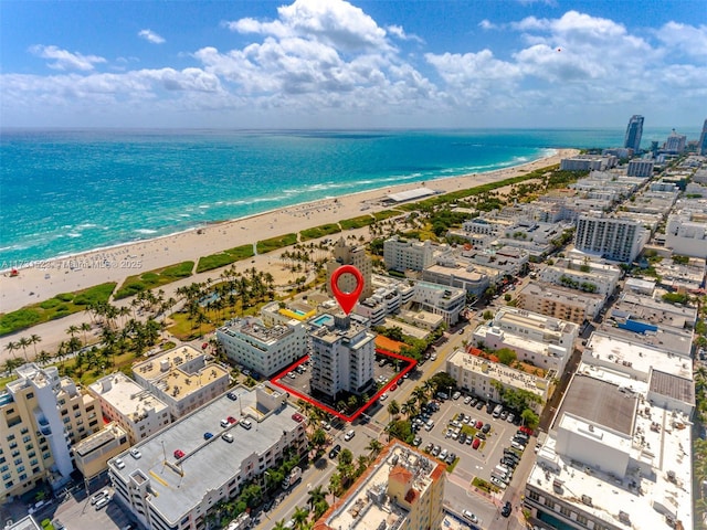 drone / aerial view with a water view and a view of the beach