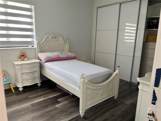 bedroom with dark wood-type flooring and a closet