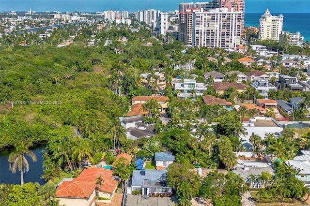 bird's eye view with a water view