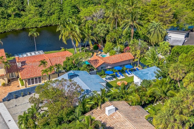 drone / aerial view featuring a water view