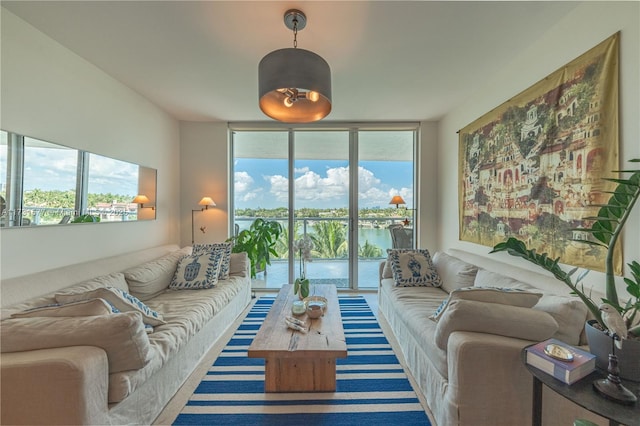 living room featuring plenty of natural light, a wall of windows, and a water view