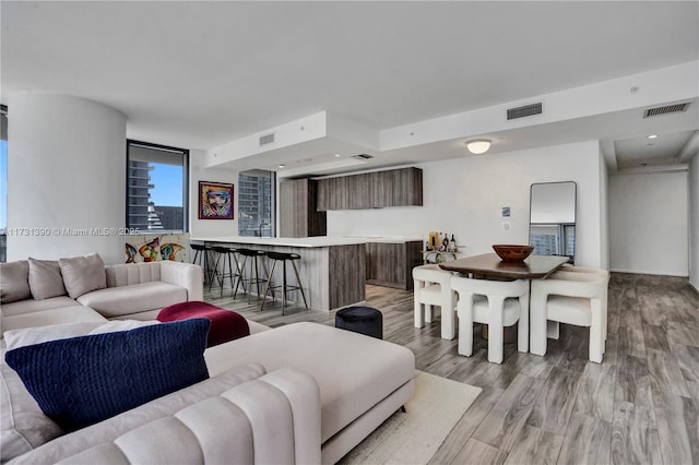 living room with expansive windows and light hardwood / wood-style floors