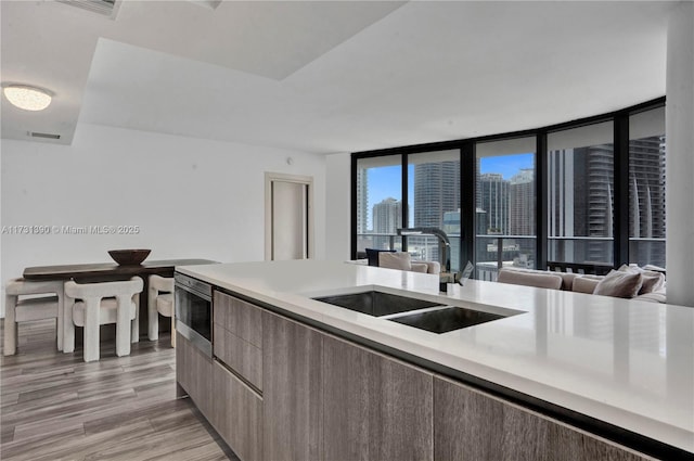 kitchen with stainless steel microwave, sink, and a wall of windows