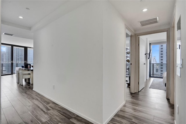 hallway featuring wood-type flooring and floor to ceiling windows