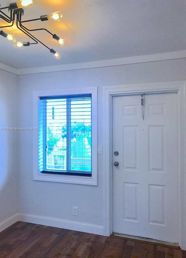 foyer with crown molding and dark hardwood / wood-style floors