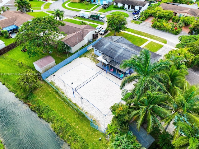 drone / aerial view with a water view