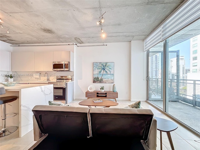 dining space featuring sink and track lighting