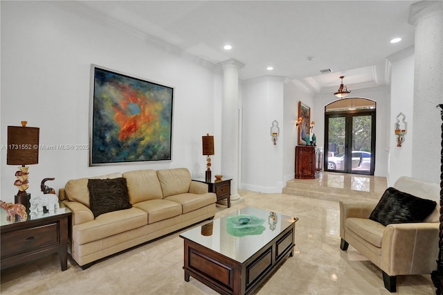 living room with ornate columns, french doors, baseboards, ornamental molding, and recessed lighting