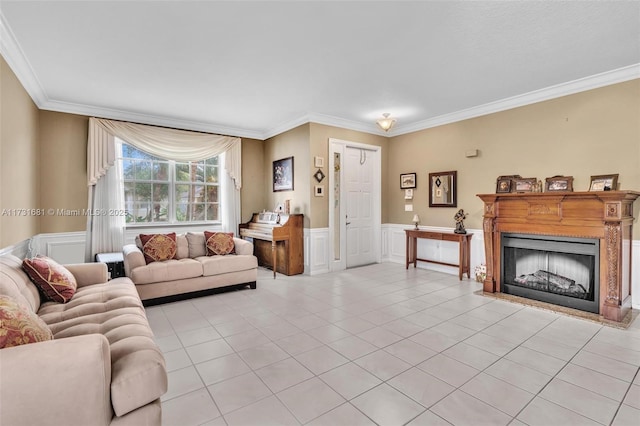 living room with crown molding and light tile patterned floors