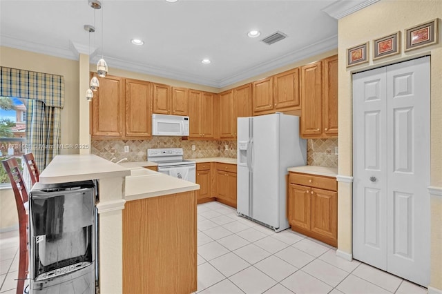 kitchen featuring tasteful backsplash, decorative light fixtures, ornamental molding, kitchen peninsula, and white appliances