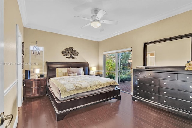 bedroom featuring dark wood-type flooring, access to outside, ornamental molding, and ceiling fan