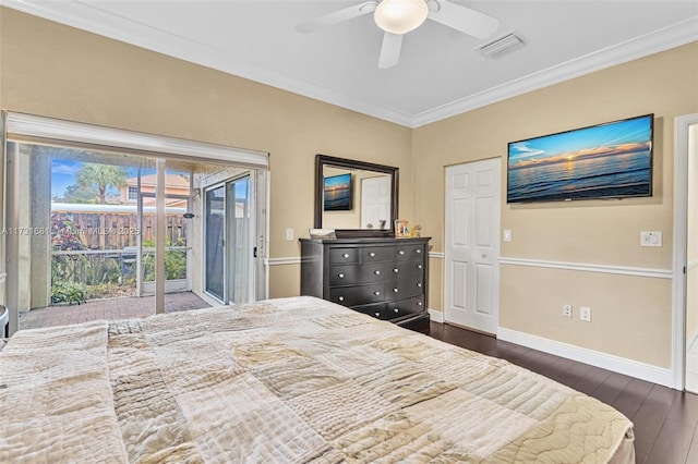 bedroom with dark hardwood / wood-style flooring, access to outside, ornamental molding, and ceiling fan