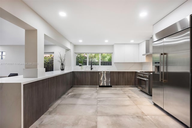 kitchen featuring dark brown cabinetry, high quality appliances, kitchen peninsula, and white cabinets