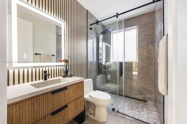 bathroom with vanity, an enclosed shower, tile patterned floors, and toilet