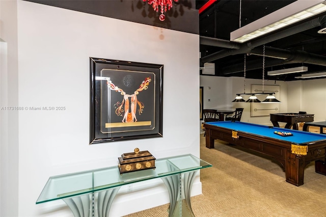 rec room featuring billiards and carpet