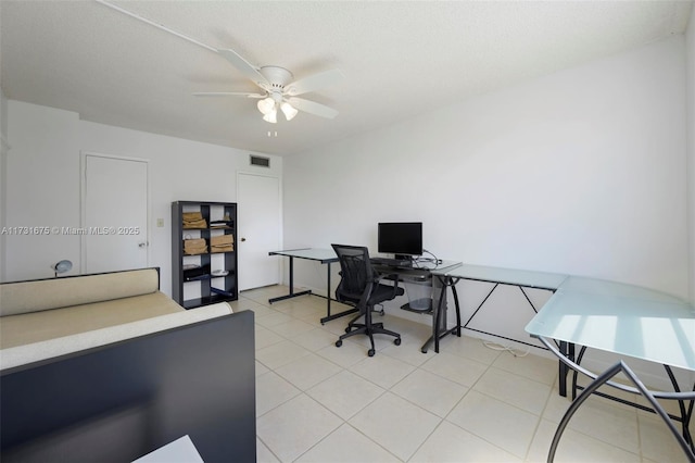 office featuring ceiling fan and a textured ceiling