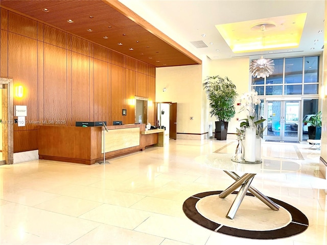 welcome area with an inviting chandelier