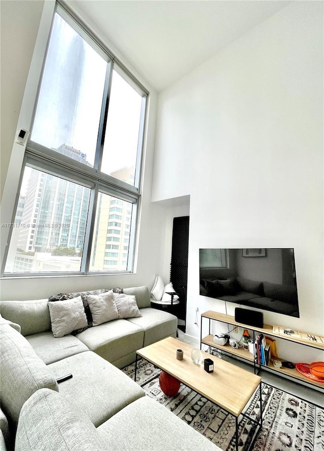 living room with a towering ceiling