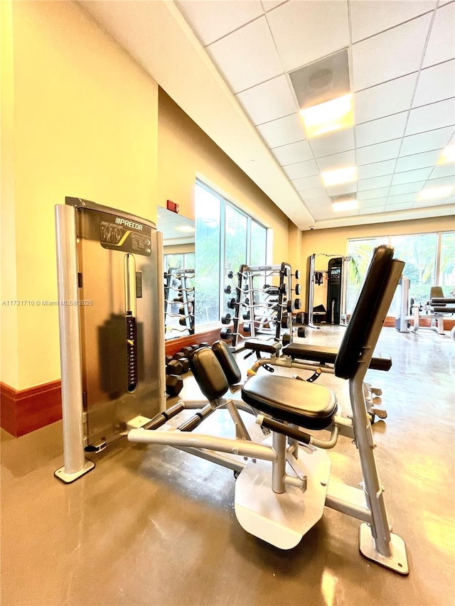 gym featuring a drop ceiling and a healthy amount of sunlight