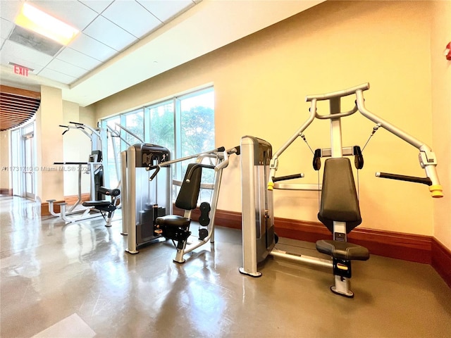 exercise room with a paneled ceiling