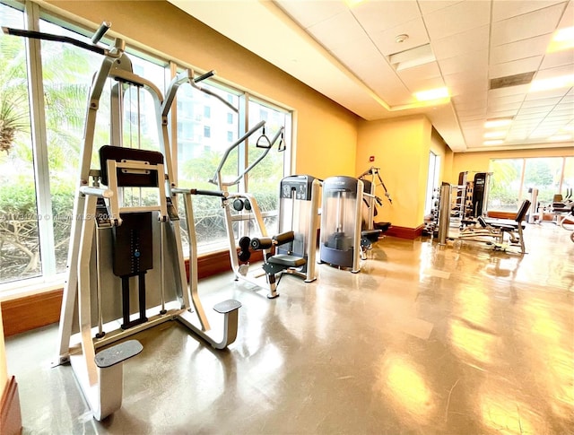 exercise room with a wealth of natural light and a paneled ceiling