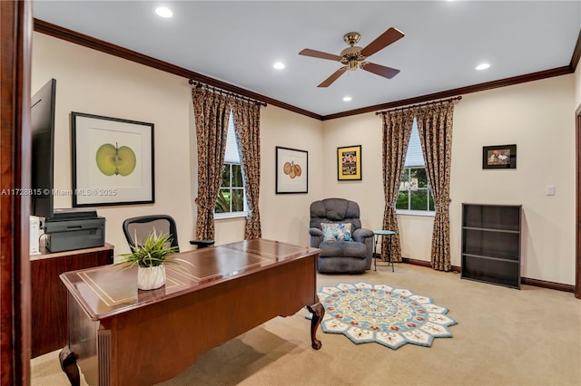 carpeted office with crown molding and ceiling fan