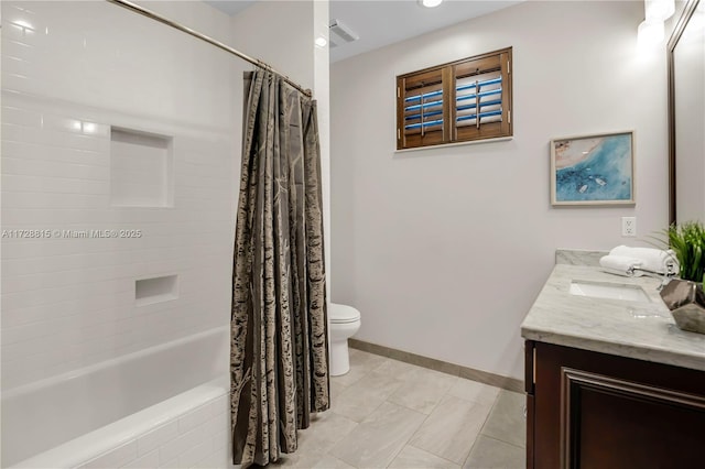 full bathroom with tile patterned flooring, vanity, shower / bathtub combination with curtain, and toilet