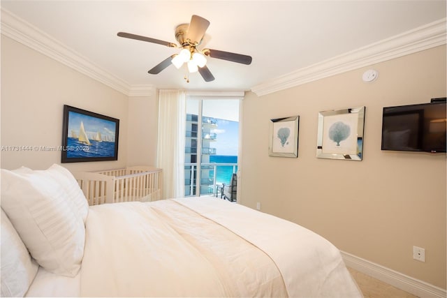 bedroom featuring ornamental molding, access to exterior, and ceiling fan