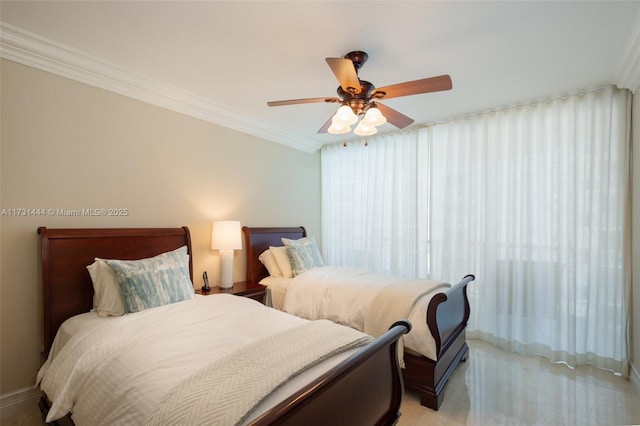 bedroom featuring crown molding and ceiling fan