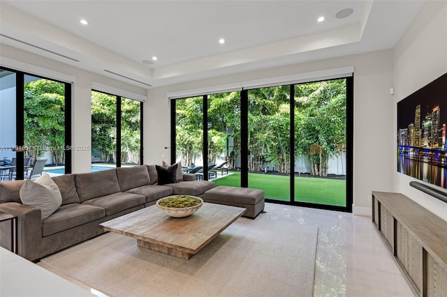 living room with a raised ceiling