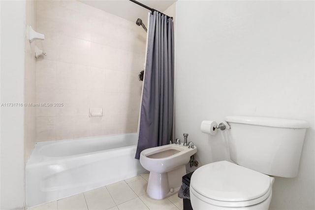 full bath featuring a bidet, shower / bathtub combination with curtain, toilet, and tile patterned floors