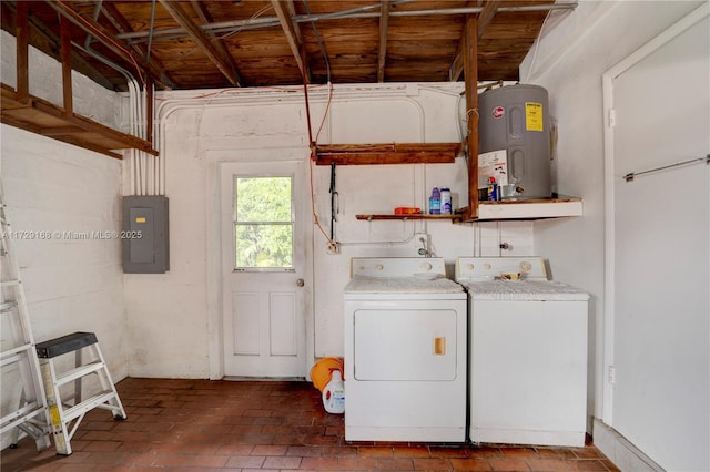 washroom with washer and clothes dryer, electric panel, and electric water heater