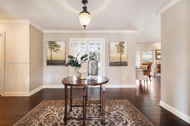 interior space with ornamental molding and dark hardwood / wood-style floors