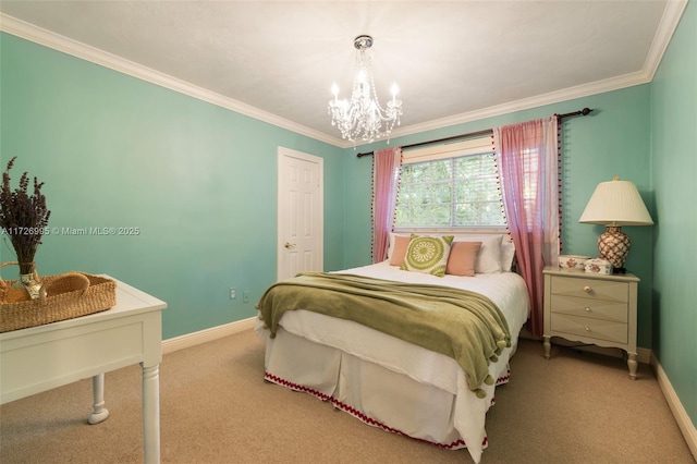 bedroom featuring ornamental molding, light carpet, and a chandelier