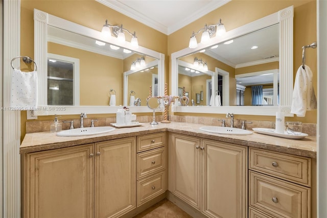 bathroom with vanity, tile patterned flooring, and ornamental molding