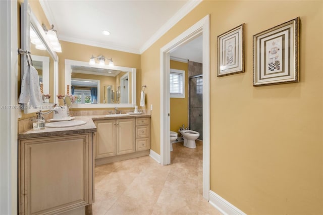 bathroom featuring a bidet, crown molding, a shower with door, vanity, and toilet