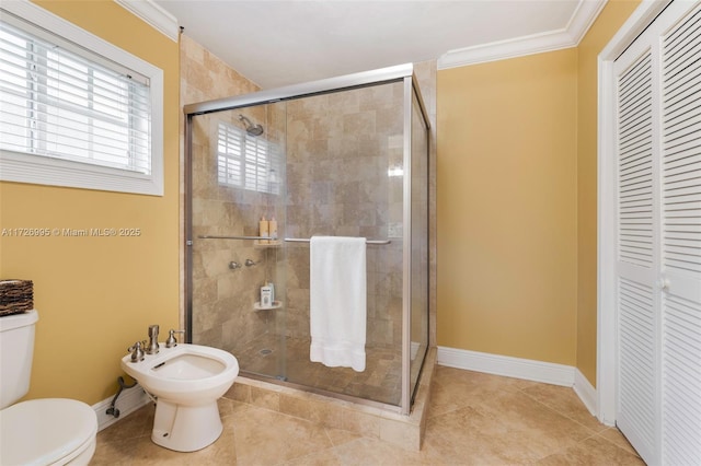 bathroom with a bidet, ornamental molding, toilet, and walk in shower