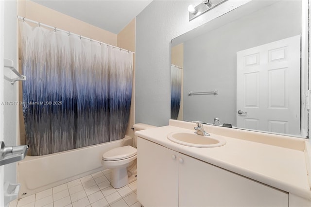 bathroom featuring toilet, shower / bathtub combination with curtain, vanity, and tile patterned floors